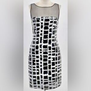Aidan Mattox Sleeveless Winking Windowpane Sequined Sheath Dress Mesh Illusion